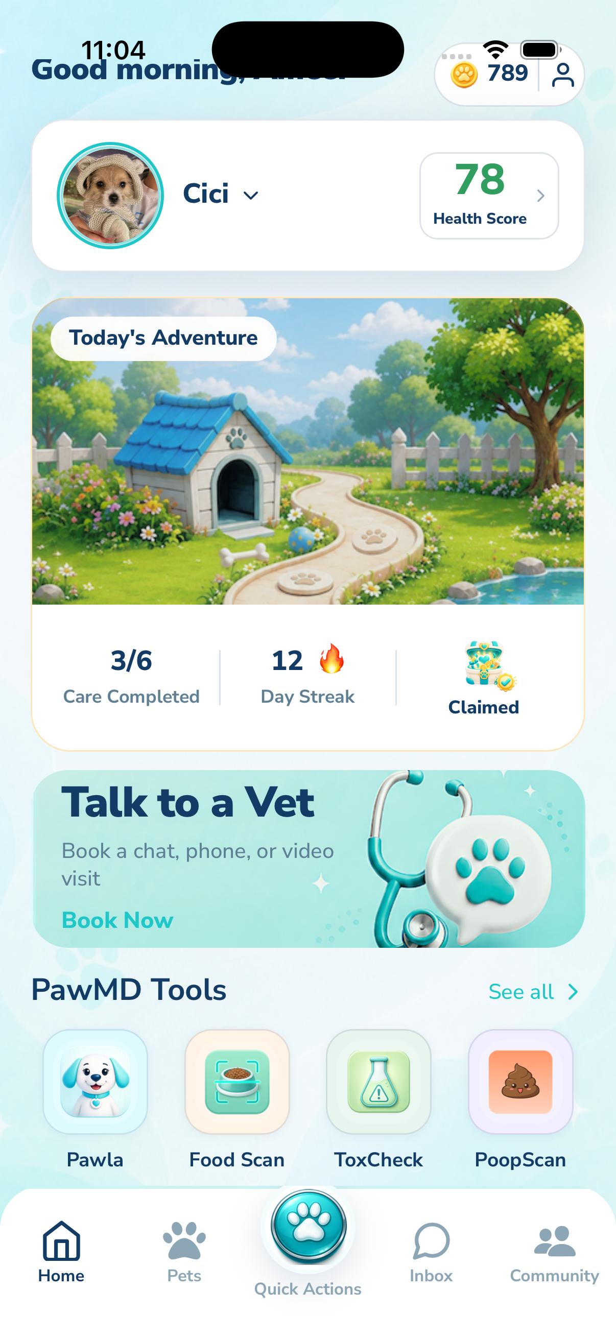 PawMD home: pet health score, daily care, and talk to a vet