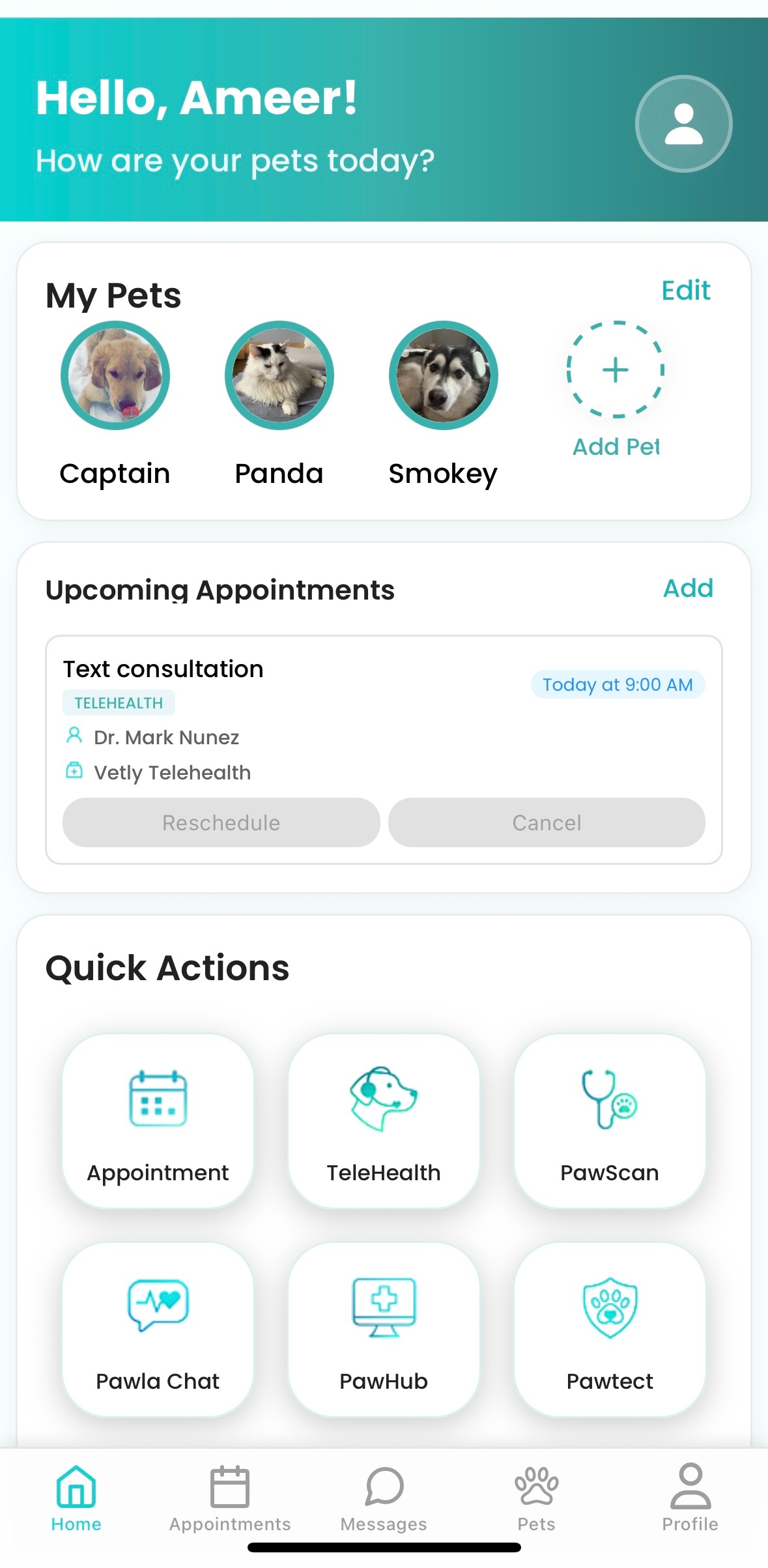 PawMD mobile app interface showing home dashboard features, veterinary clinic integration, and AI-powered tools